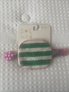 Beaded Pickleball Paddle Coin Purse Keychain | Pink & Green